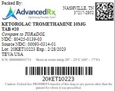 Ketorolac Tromethamine 10mg Tab Qty 20 Ndc 80425 0139